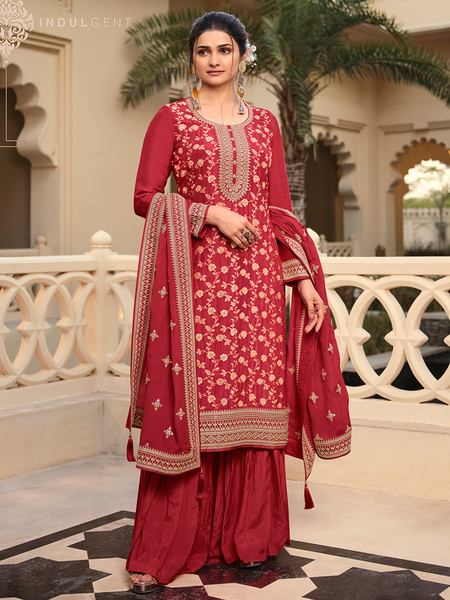 Red Indian Dress - Jacquard & Santoon Embroidery