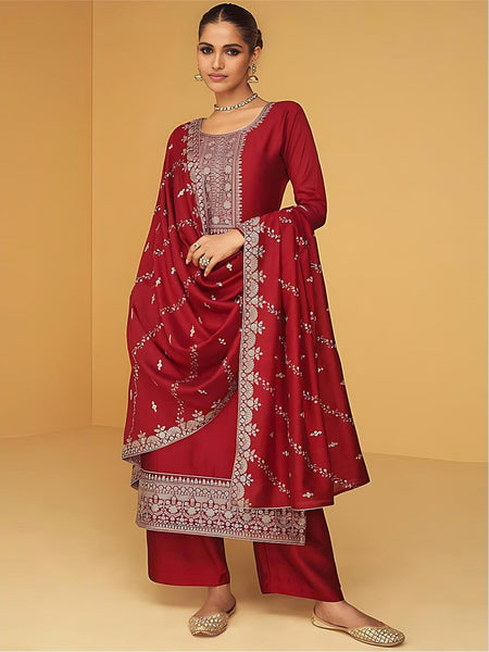 Red Indian Dress - Embroidered Premium Silk