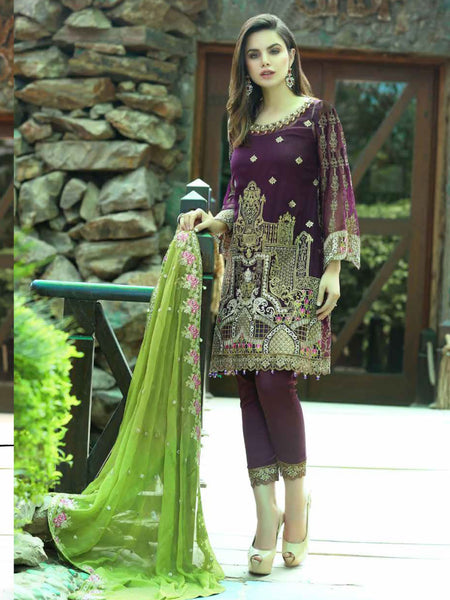 Pakistani Salwar Kameez - Silk & Chiffon Embroidery