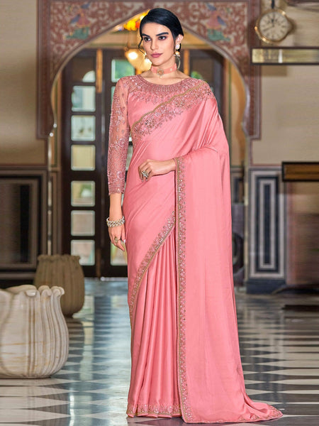 Pink Saree - Art Silk Sequins Embroidery