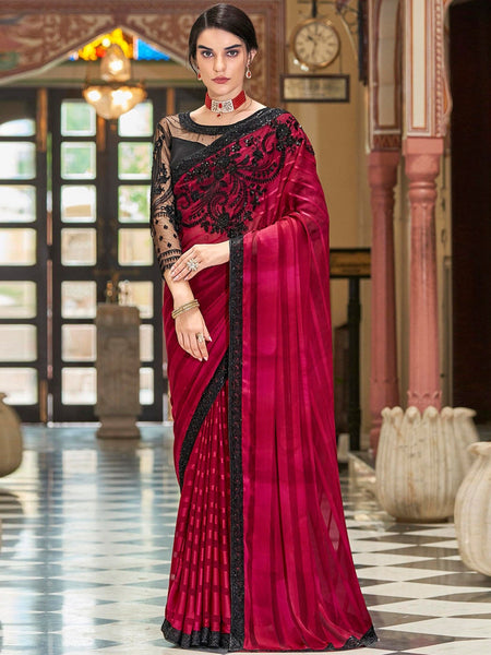 Red Saree - Art Silk Sequins Embroidery