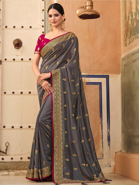 Grey Saree - Art Silk Zari Embroidery