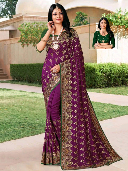 Purple Saree - Embroidered Art Silk