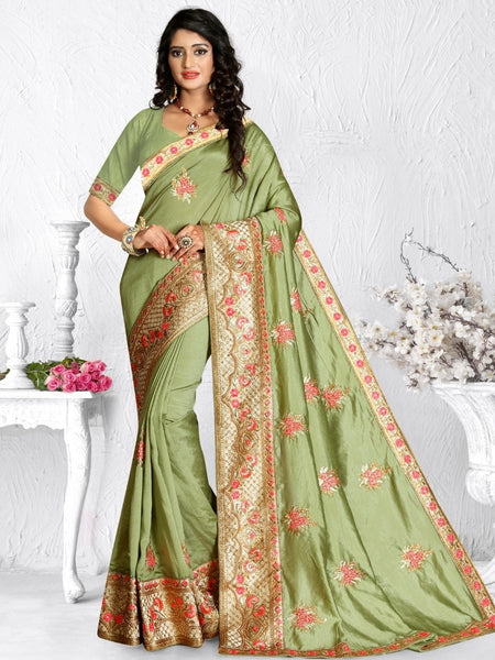 Green Saree - Embroidered Silk