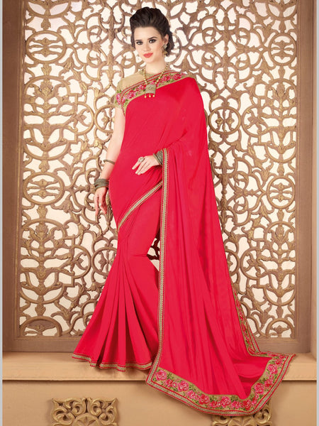 Red Saree - Embroidery & Lace on Silk