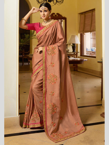 Orange Saree - Embroidered Art Silk