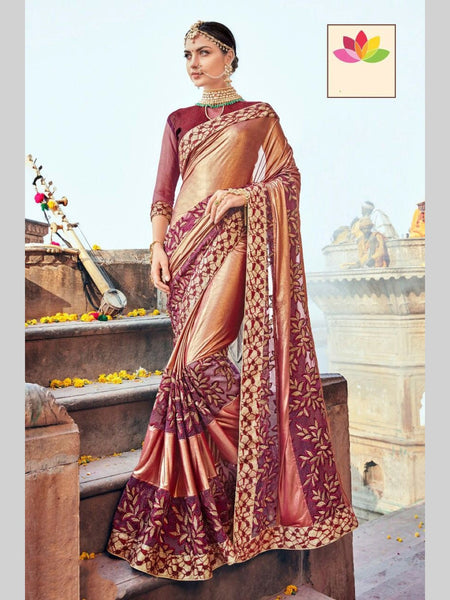 Golden Saree - Embroidery on Net Satin