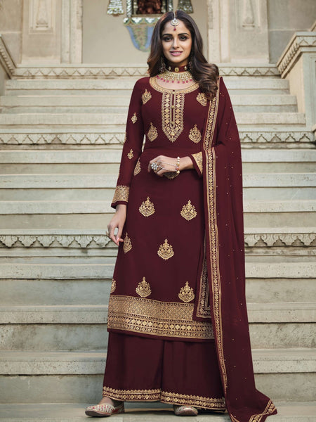 Red Indian Dress - Georgette Sharara Embroidery